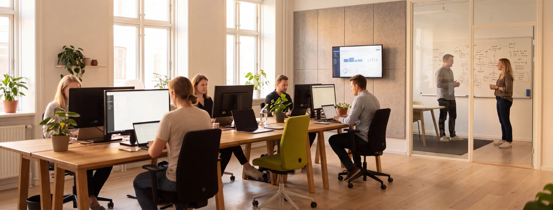 Une équipe technique au travail dans un bureau lumineux